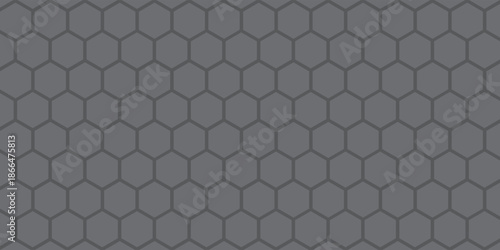 Dark grey abstract wide horizontal banner with hexagon carbon fiber grid and orange luminous lines. Technology vector background with orange neon lines