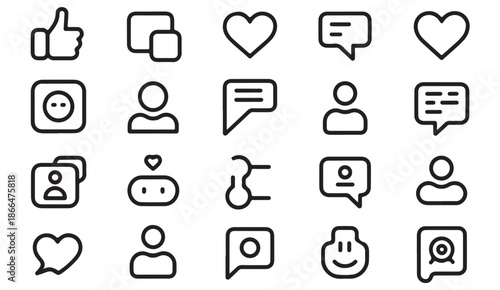 Social networking and messaging linear icons in minimal outline style