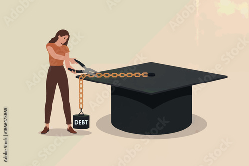 Woman cutting chain attached to graduation cap and debt weight