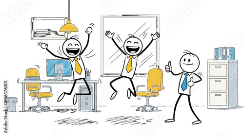 Two happy stick figure businessmen celebrating success in an office, one jumping with joy and the other giving a confident thumbs up.