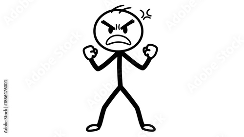 Furious stick figure standing with clenched fists and wide stance, expressing intense anger and frustration on an isolated white background.