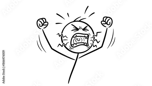 Extremely angry stick figure yelling and screaming with hands clenched in the air, showing intense frustration and despair on an isolated white background.