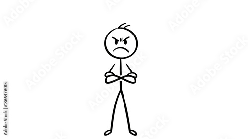 Upset stick figure standing with arms crossed and frowning face, showing displeasure and annoyance on an isolated white background.