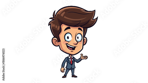 Friendly cartoon boy businessman smiling and presenting with an open hand gesture on an isolated white background, exuding confidence.