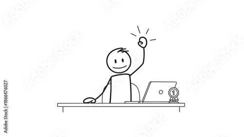 Happy stick figure businessman sitting at a desk, raising hand with a successful idea while working on a laptop on an isolated white background.