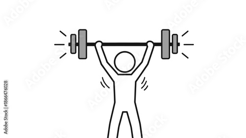 Determined stick figure struggling to lift a heavy barbell overhead, showing intense effort and strength on an isolated white background.