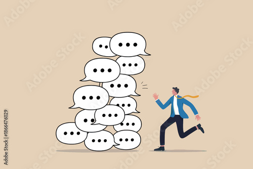 Businessman running away from a huge pile of chat bubbles, symbolizing information overload