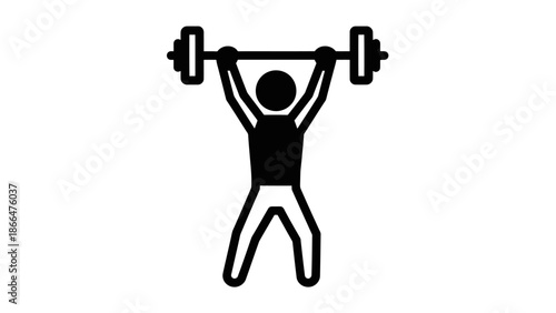 Strong stick figure icon of a man lifting a barbell overhead, symbolizing strength, fitness, and power, on an isolated white background.