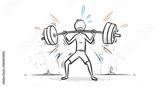 Stick Figure Man Straining and Sweating while Weightlifting Heavy Barbell with Intense Effort on Isolated White Background
