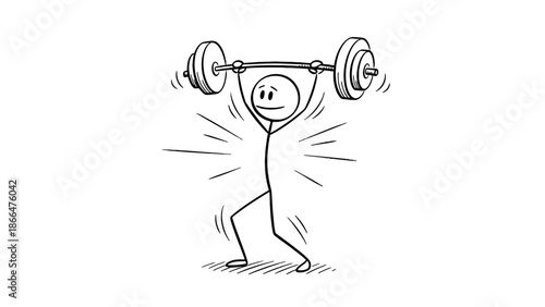 Focused stick figure man lifting a heavy barbell with immense effort, demonstrating strength and determination, on an isolated white background.