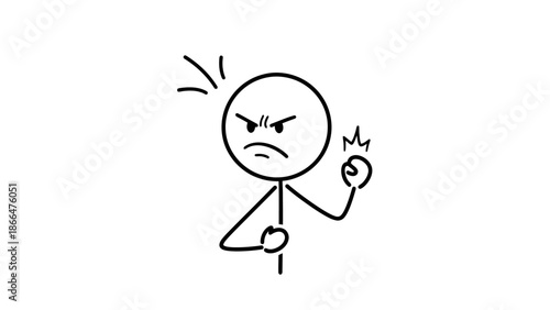 Determined stick figure man with an angry expression and clenched fist, showing frustration or defiance, on an an isolated white background.
