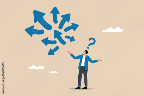A person faces a complex situation with multiple choices, represented by arrows pointing in different directions