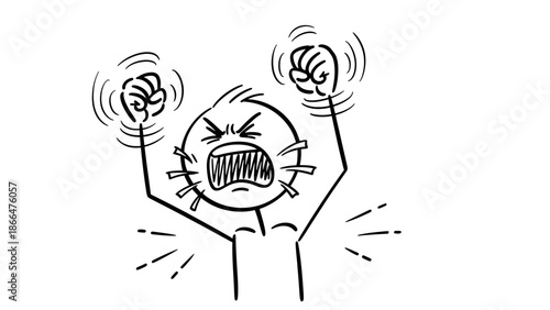 Overwhelmed stick figure man screaming in extreme frustration and pulling hair, depicting deep despair or stress, on an isolated white background.