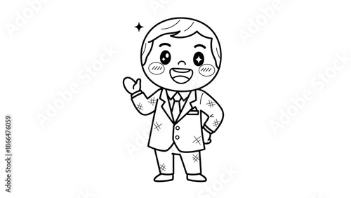 Friendly cartoon businessman smiling and waving, looking confident and welcoming in a professional suit, on an isolated white background.