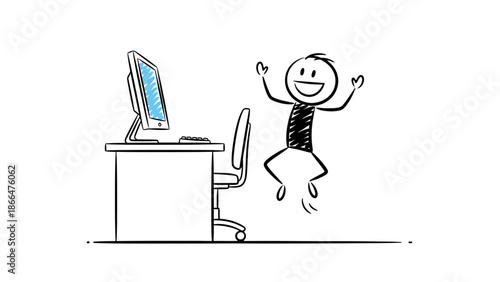 Joyful stick figure man jumping happily with arms raised in celebration, experiencing success while sitting at an office desk with a computer.