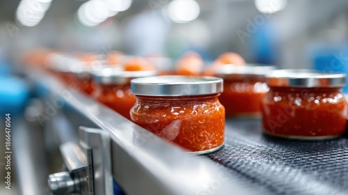 Canned sardines in vibrant red sauce on conveyor belt, showcasing metallic jars and rich textures, emphasizing industrial food processing and mass production dynamics