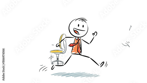Happy stick figure businessman running away from work, looking joyful and relieved, representing freedom or escape, on an isolated white background.