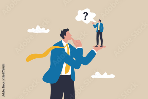 Big businessman seeking answers from a smaller self, symbolizing internal questioning and guidance.