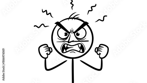 Extremely angry stick figure man with a furious facial expression and clenched fists, depicting intense rage, on an isolated white background.