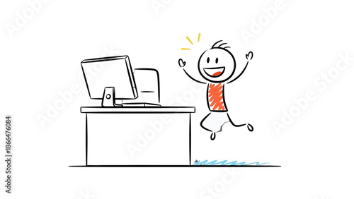 Cheerful stick figure man jumping happily with arms raised, celebrating a successful outcome while working at an office desk with a computer.