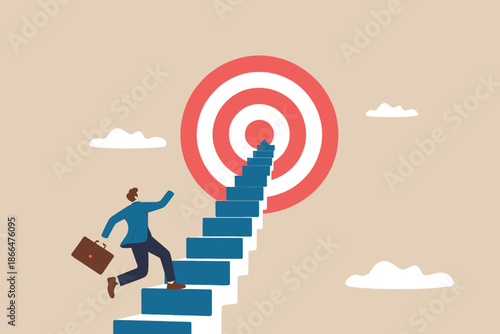 Ambitious businessman striving for success, running up the staircase to reach the target bullseye