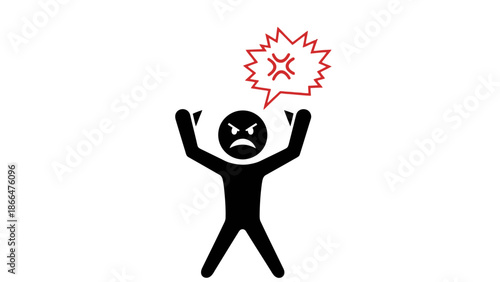 Angry stick figure man with exploding head expression, arms raised in frustration, on an isolated white background.