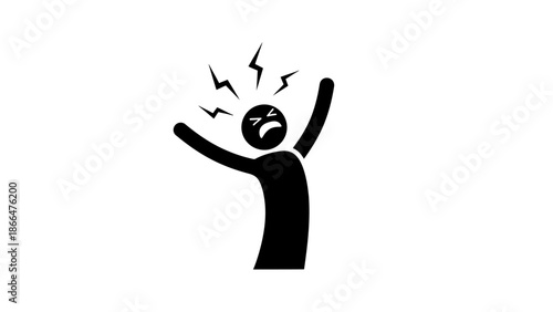 Angry Stick Figure Man Shouting with Frustration, Hands Up, and Electrical Charge Symbolizing Stress on Isolated White Background