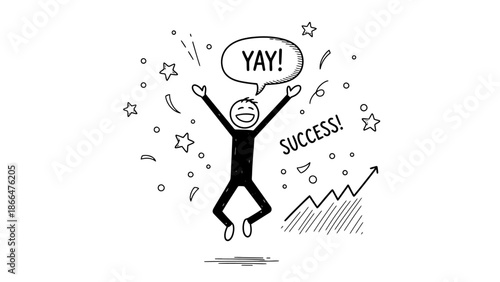 Joyful Stick Figure Man Jumping and Celebrating Success with 'YAY!' Text, Confetti, and Upward Graph on Isolated White Background