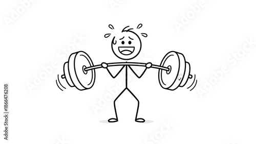Determined Stick Figure Man Smiling and Sweating While Lifting Barbell with Effort in Workout on Isolated White Background