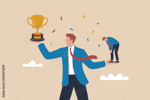 A successful businessman holds a trophy while another faces defeat, illustrating competition