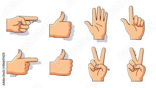 Set of Cartoon Hand Gestures Including Pointing, Thumbs Up, Counting, Victory, and Peace Signs on Isolated White Background