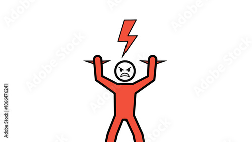 Angry Red Stick Figure Man Holding Bars with Frustrated Expression and Lightning Bolt Symbol on Isolated White Background