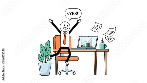 Happy Stick Figure Man Celebrating Success at Office Desk with Papers Flying and Laptop in Joyful Mood on Isolated White Background