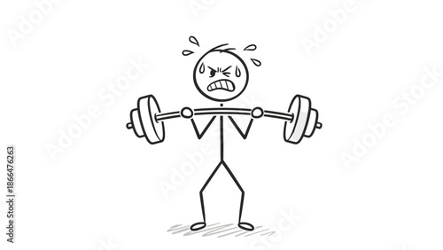 Struggling Stick Figure Man Straining to Lift Barbell with Sweating Face in Difficult Workout on Isolated White Background