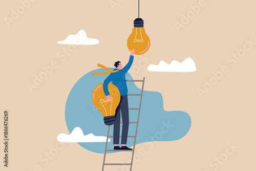 A person climbing a ladder, striving for new ideas and innovation represented by light bulbs