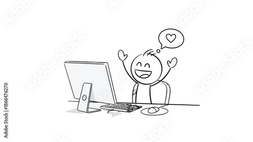 Happy Stick Figure Man Expressing Love and Satisfaction While Working on Laptop Computer, Isolated White Background