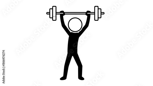Strong Stick Figure Man Performing Weightlifting Overhead Press on Isolated White Background