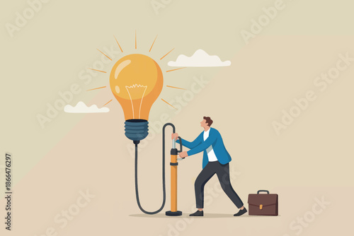 A businessman putting hard work into developing a new business idea with a pump