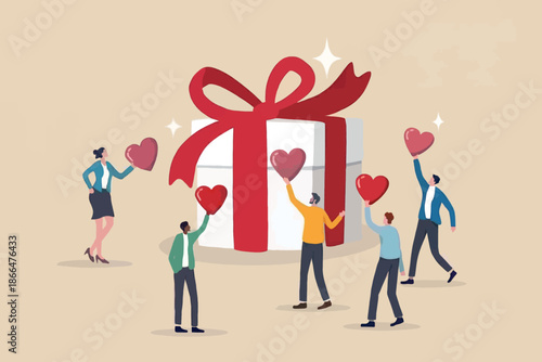 People offering their hearts towards a large gift box, symbolizing love, loyalty, and appreciation