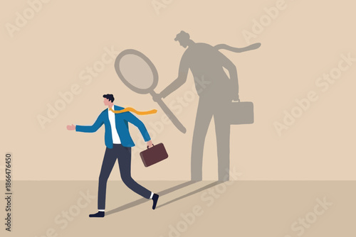 Discovering inner potential: businessman's shadow holds a magnifying glass of self-reflection