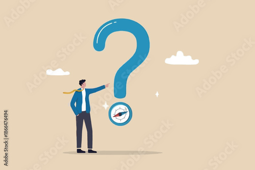 Man seeking answers and direction, pointing at a giant question mark with a compass