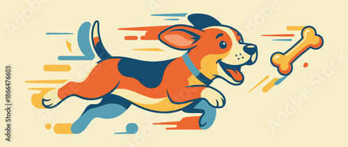 Happy cartoon puppy dog running joyfully to catch a flying bone in a dynamic and playful vector illustration with a retro color palette and energetic motion lines