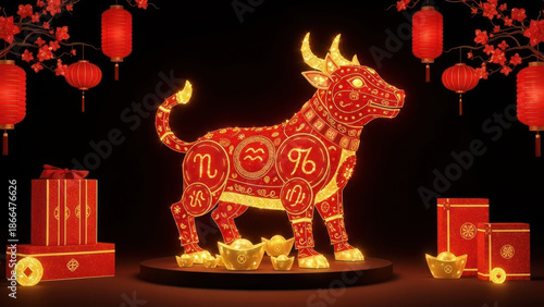 Illuminated decorative ox with zodiac symbols, surrounded by lanterns and gift boxes.