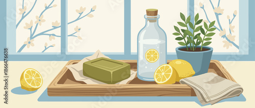 Wooden tray holding a bar of green soap, fresh lemons, a glass bottle with liquid, and a potted plant sits by a window in a serene, illustrated still life composition