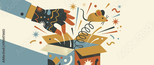 Hand opening a colorful surprise box with a toy mouse jumping out on a spring in a whimsical retro illustration style with festive confetti and stars