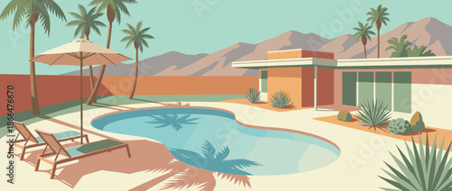 Mid-century modern house with a swimming pool and patio furniture is depicted in a tranquil desert landscape with palm trees and mountains in a retro vector illustration style