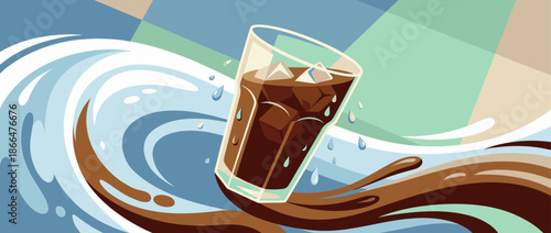 Tall glass of cold brew coffee with ice cubes rides a stylized wave of splashing liquid in a dynamic, refreshing, and colorful vector art composition
