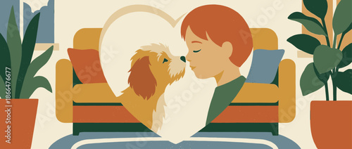 Young boy and his adorable puppy sharing an affectionate moment inside a heart shape in a modern flat vector illustration showing their deep bond and friendship