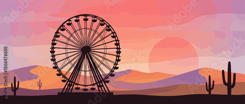 Large black silhouetted Ferris wheel stands in a scenic desert landscape with sand dunes and cacti during a beautiful, warm sunset with a vibrant pink and orange sky