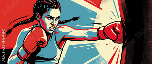 Strong female boxer with braided hair punches a heavy bag with intense focus in a dynamic, graphic pop art style illustration with a limited color palette and halftone texture